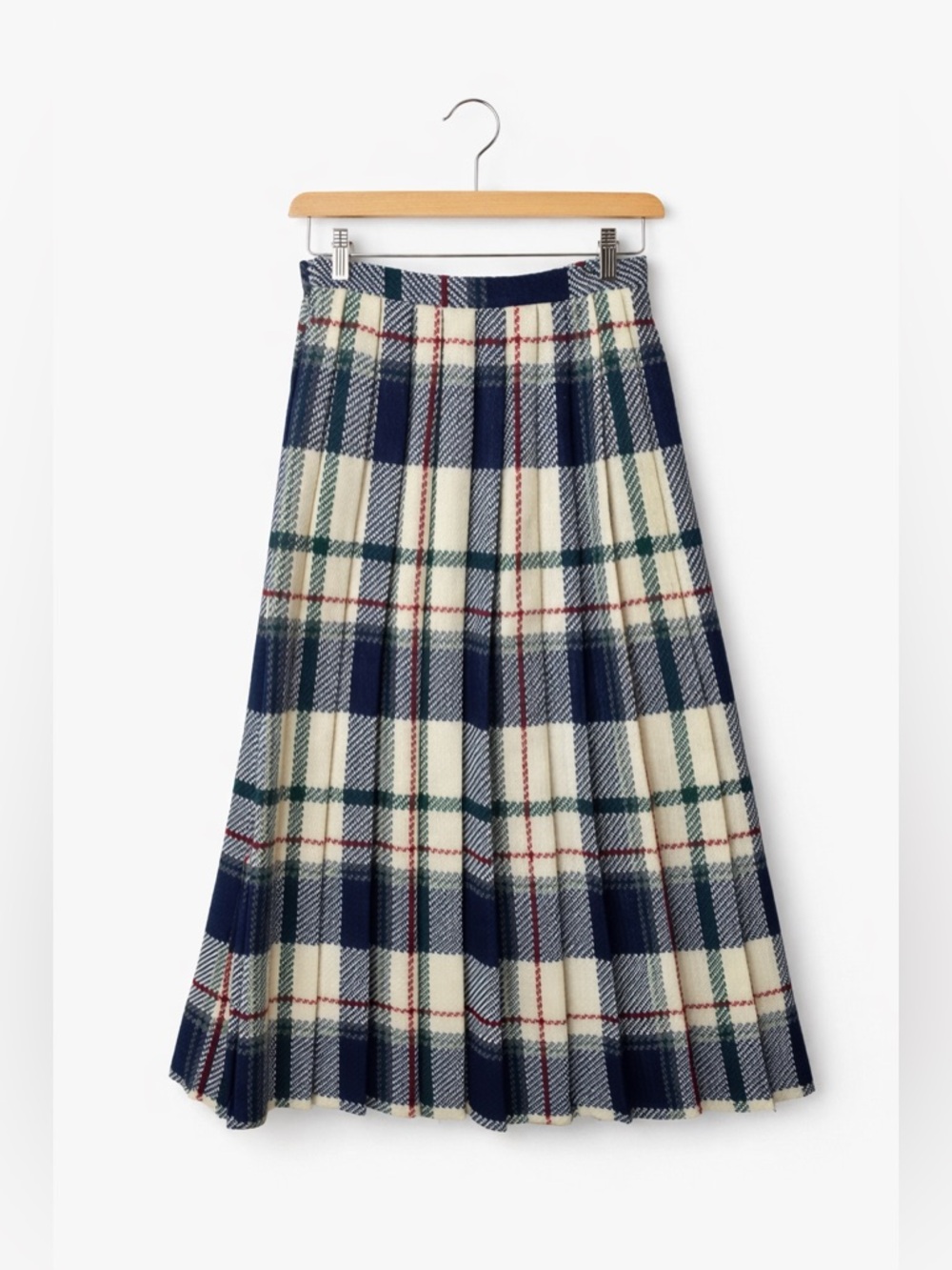 Vintage Koret Plaid Wool Blend Skirt Size 12 Navy Cream Preppy Academia Midi